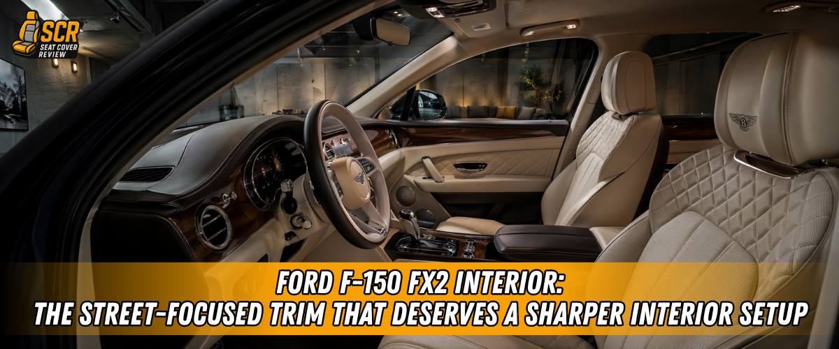 Ford F-150 FX2 interior with sporty black seats, red accents, and custom-fit seat covers for a sharper street-truck setup.