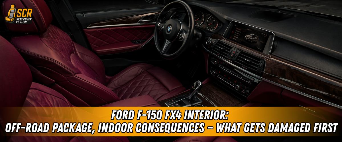 Ford F-150 FX4 interior with muddy gear, dusty shoes, and durable seat covers protecting the truck seats.