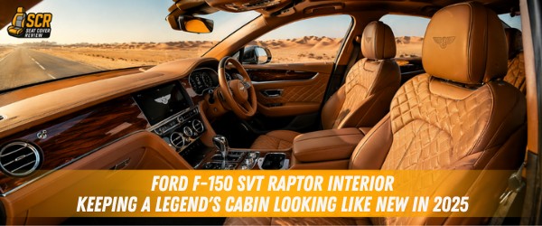 Ford F-150 SVT Raptor interior with clean original seats protected by fitted seat covers for long-term cabin preservation.