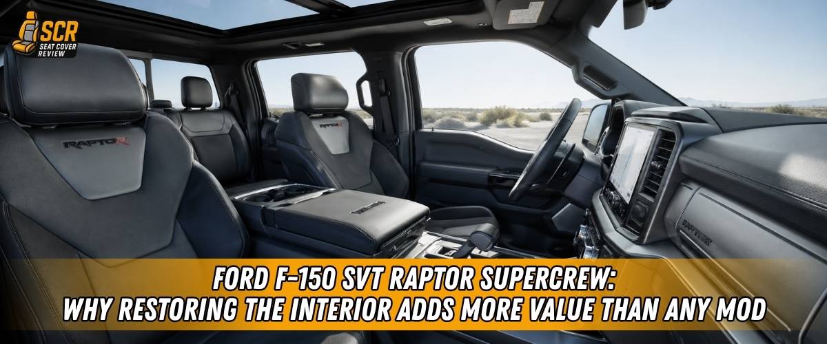 Restored Ford F-150 SVT Raptor SuperCrew interior with fitted seat covers protecting front and rear seats during daily use.