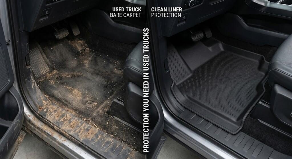Ford F-150 FX4 interior with muddy driver floor and durable liner protecting cabin after off-road trail use and gear.