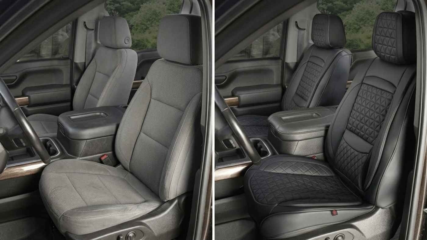 Ford F-150 Raptor cabin showing worn cloth seats beside fitted covers that protect against dirt, gear, and daily wear.