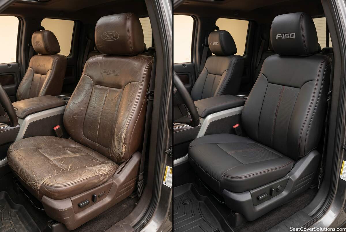 Ford F-150 FX2 interior with fitted black seat covers preserving the sporty street-truck cabin look and comfort.