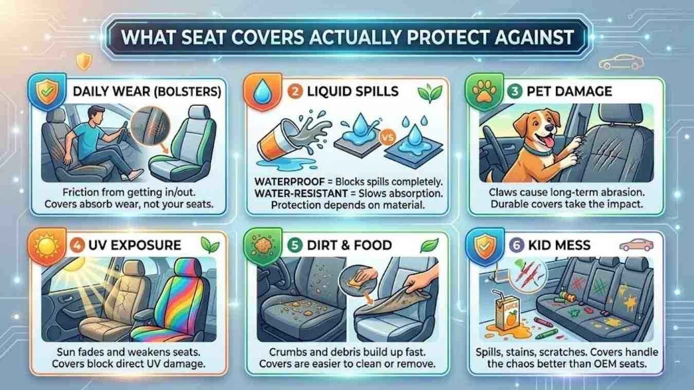 Infographic showing how seat covers protect against daily wear, spills, pet damage, UV rays, dirt, and kid messes.