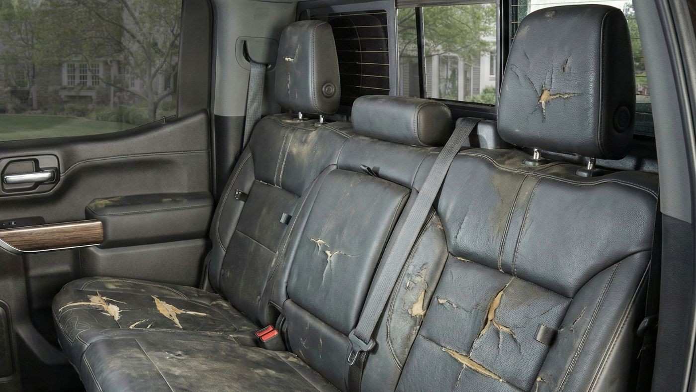 Worn Ford F-150 Raptor SuperCab rear bench showing heavy cracking from cargo use and repeated rear access wear.