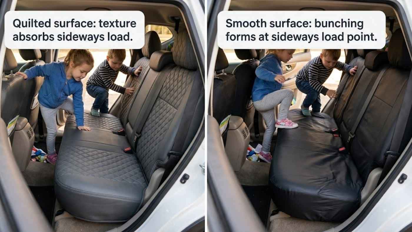 Children climbing onto quilted and smooth anti-crease seat covers comparing texture that hides movement versus surface bunching.