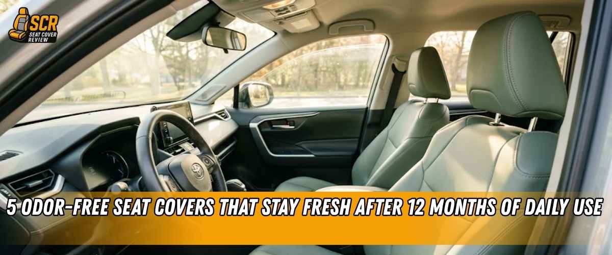 Beige eco-leather odor-free seat covers installed in an SUV interior, built to resist moisture and stay fresh year-round.