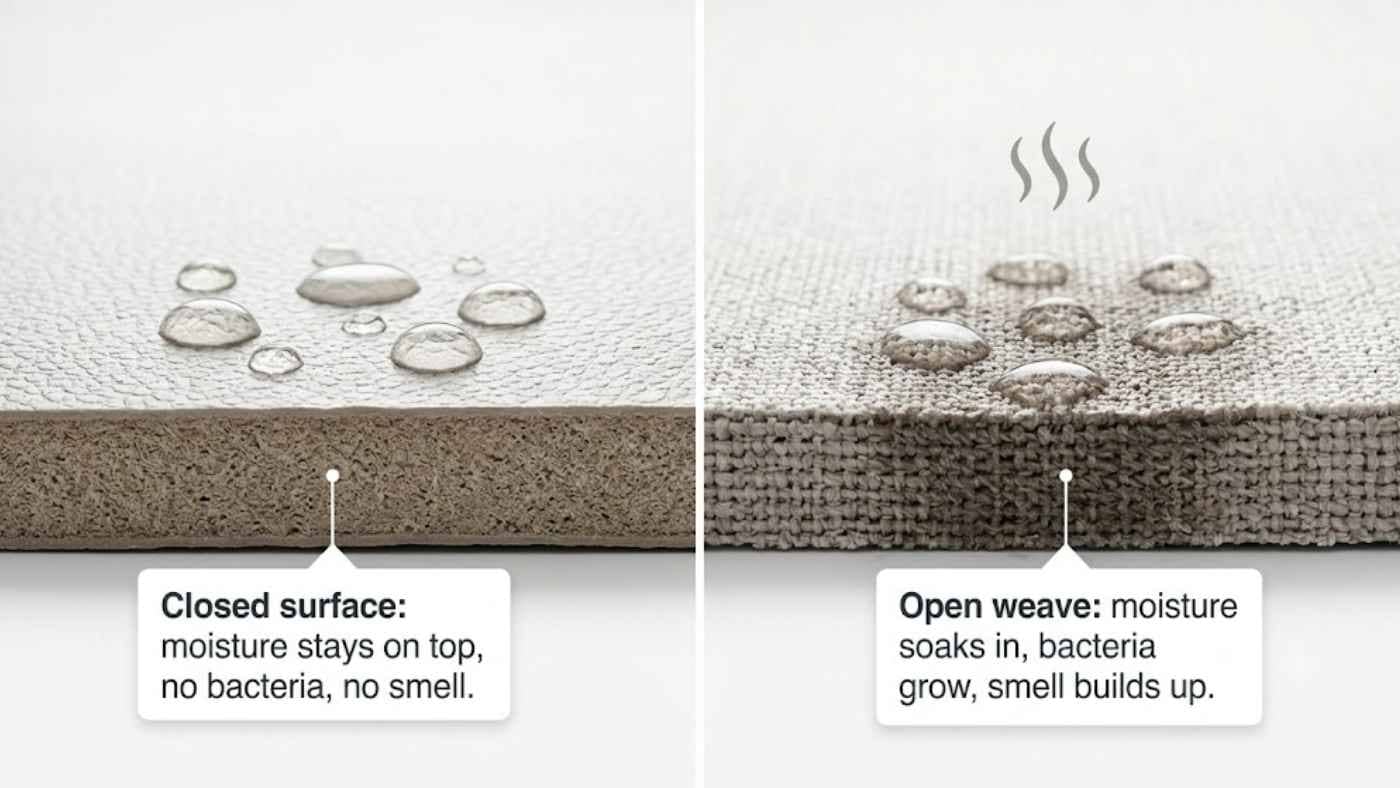 Comparison of closed-surface and open-weave seat cover materials showing how moisture affects bacteria growth and seat odours.