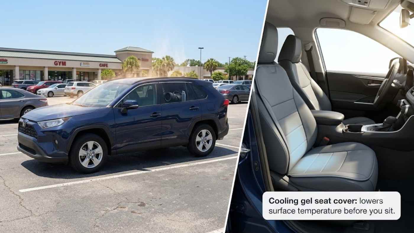 Cooling gel seat cover inside an SUV parked outside a gym, showing a cooler seating surface for post-workout commutes.