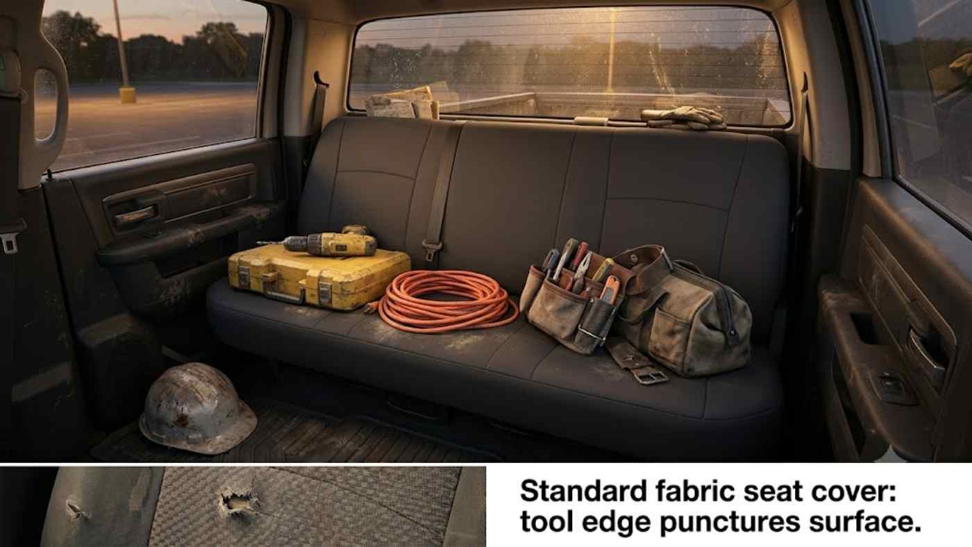 Heavy-duty tear-proof seat covers shielding a truck rear seat from tools, sharp edges and everyday worksite damage.
