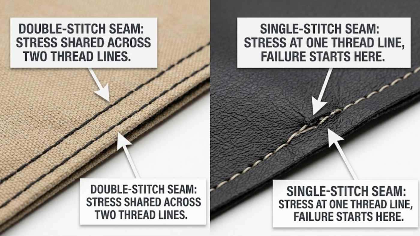 Close-up of double-stitch versus single-stitch seams highlighting stronger construction in tear-proof seat covers.