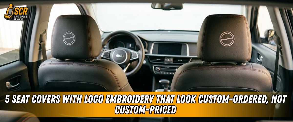 Black seat covers with logo embroidery on front headrests create a premium custom interior with crisp stitching finish.
