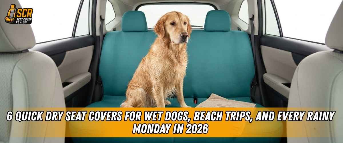Wet dog sitting on quick dry seat covers inside a car, showing fast-drying protection for beach trips and rainy days.