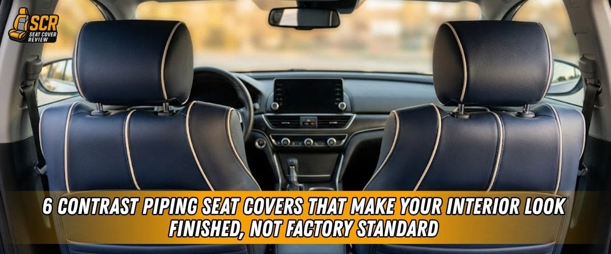 Navy eco-leather contrast piping seat covers installed in a modern car cabin with cream piping for a refined finish.