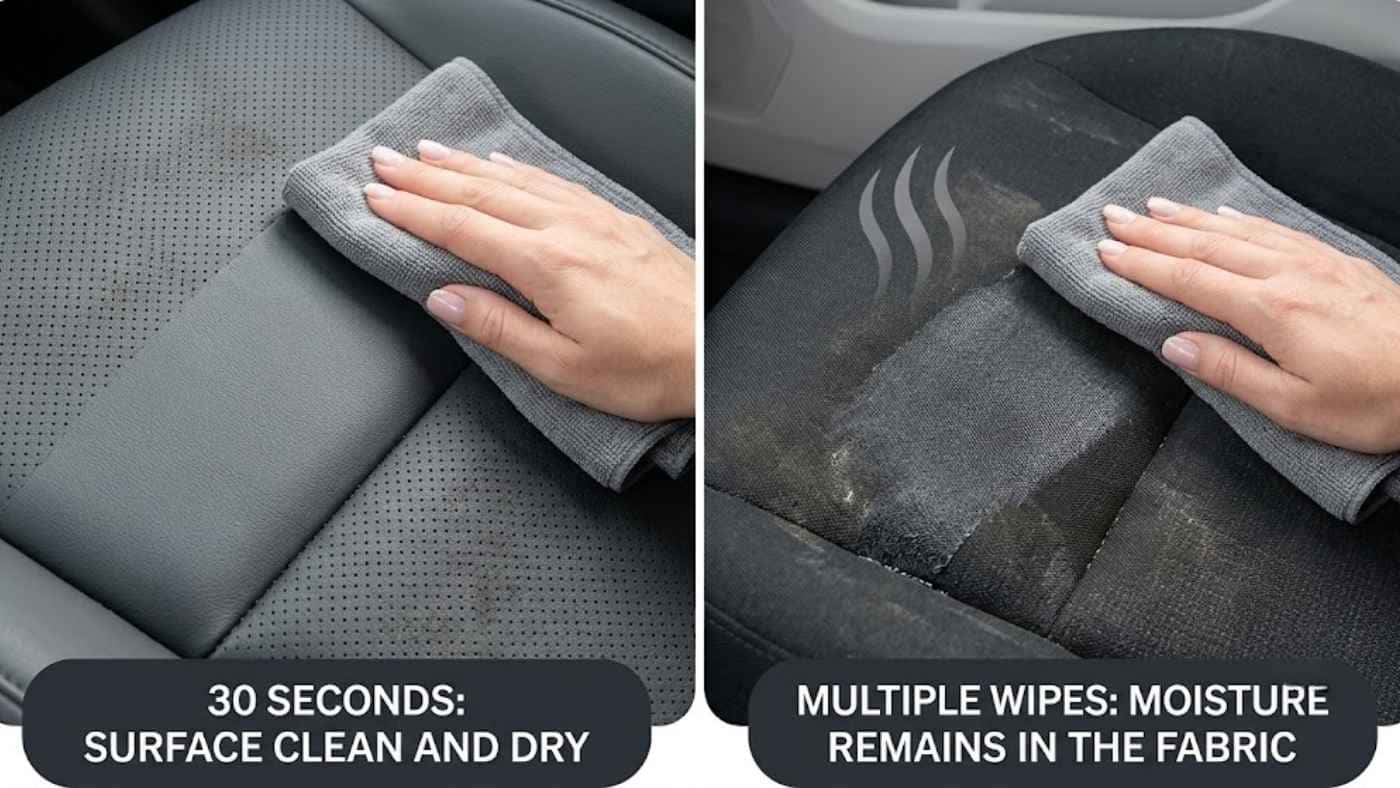 Anti-sweat seat cover wipes clean in seconds while fabric seats trap moisture, making odours and dampness more likely.
