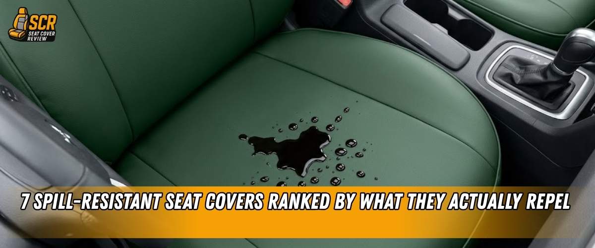 Green eco-leather spill-resistant seat cover repelling a coffee spill, highlighting durable everyday seat protection.