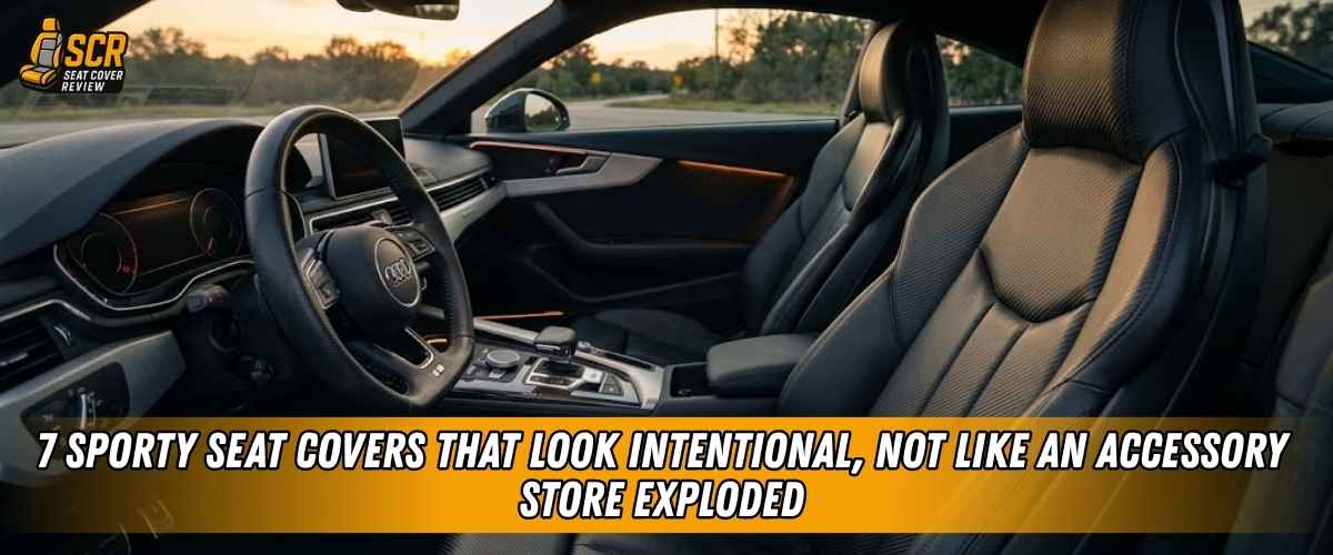 Black sport car interior with fitted sporty seat covers showcasing a clean, factory-inspired performance cabin look.