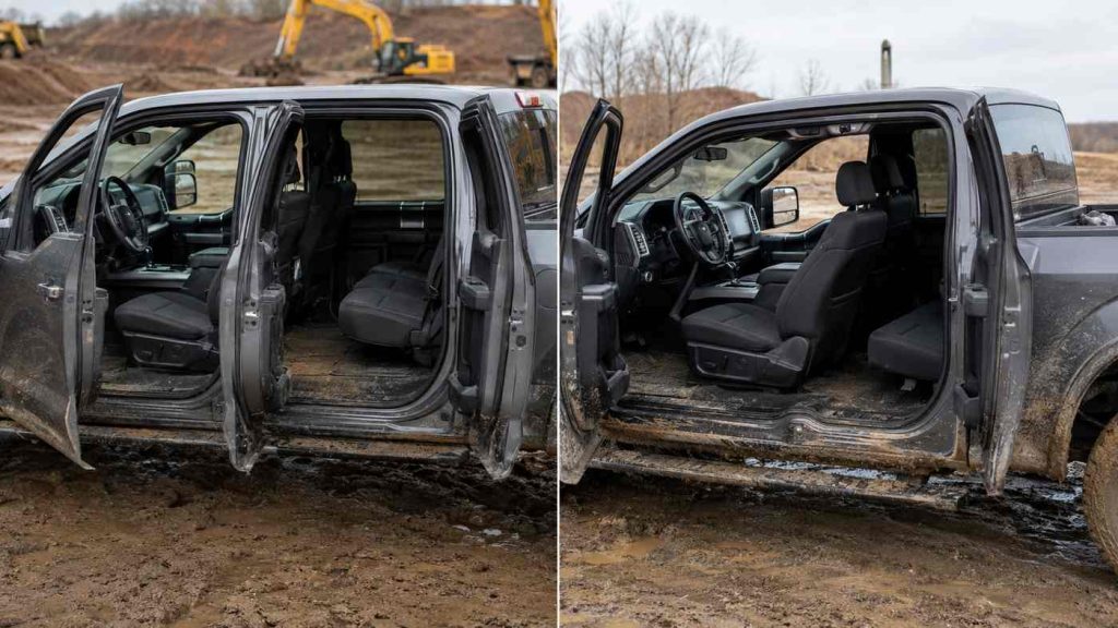 Ford F-150 FX4 SuperCrew and SuperCab side by side after muddy use showing cabin access and dirt accumulation patterns.
