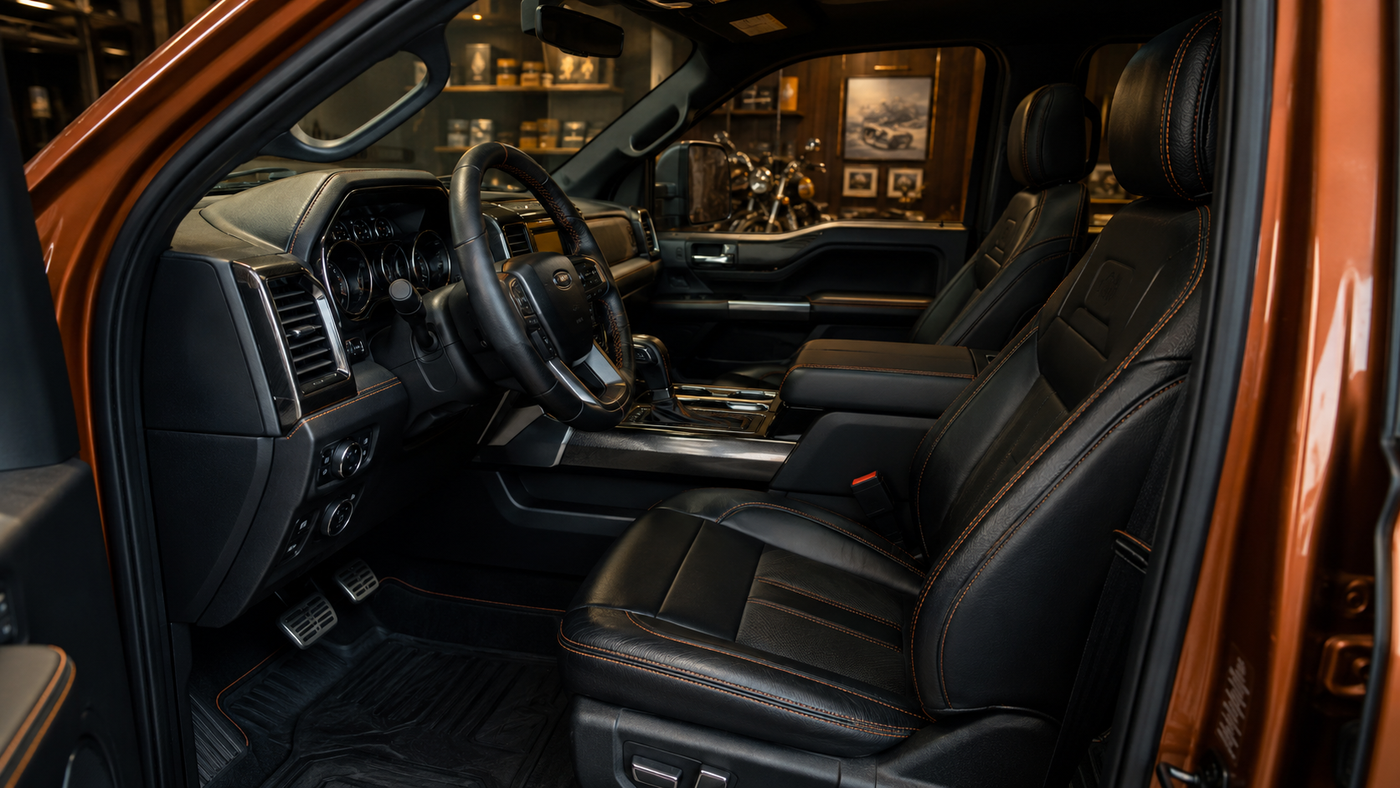 Ford F-150 Harley-Davidson Edition interior with black leather seats, orange stitching, and collector cabin details.