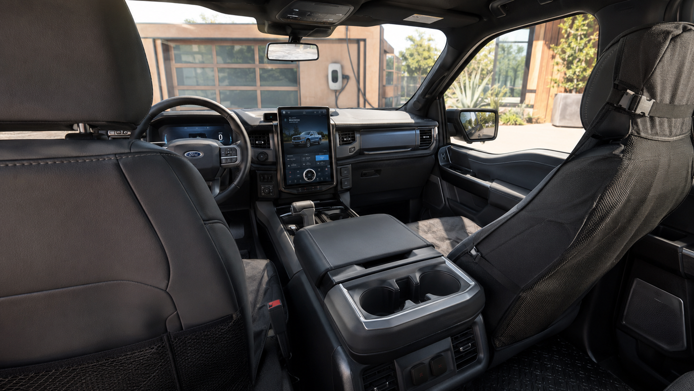 Ford F-150 Lightning interior showing seat covers, center console, and EV cabin setup for daily wear protection.