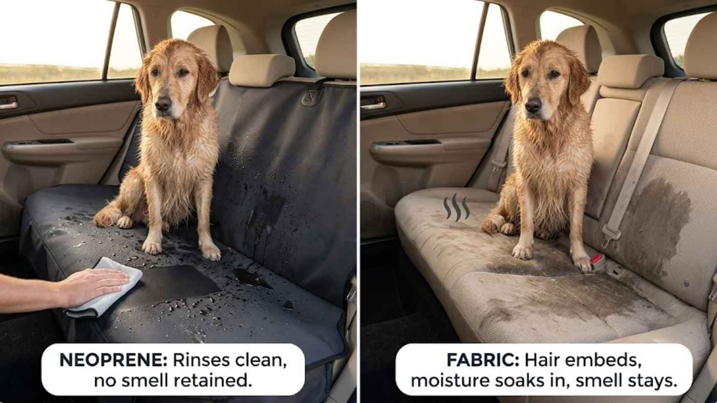 Neoprene seat cover resists pet moisture and odours while fabric seats absorb wet fur, stains, and lingering smell over time.