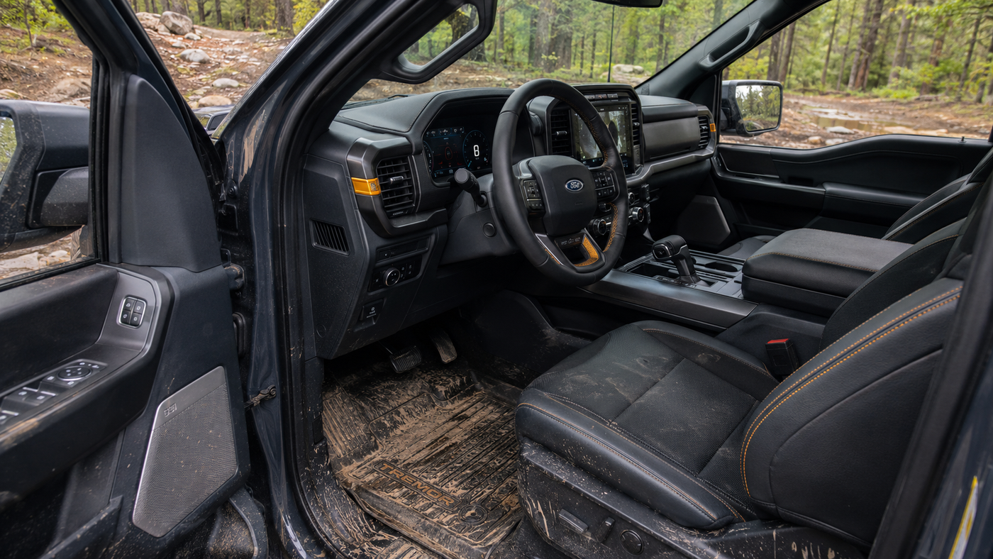 Muddy Ford F-150 Tremor interior showing trail-worn mats and seats that need practical off-road seat protection.