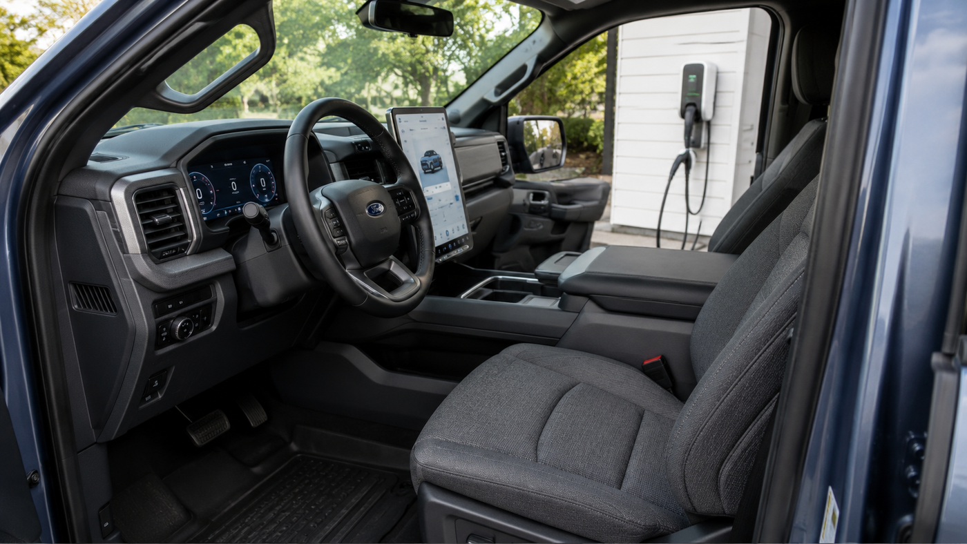 Ford F-150 Lightning XLT driver seat and cabin layout, highlighting surfaces that benefit from day-one seat protection.