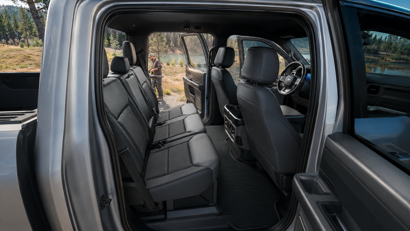 Ford F-150 Lightning Flash rear cabin showing clean seats and floor space suited for subtle interior protection.