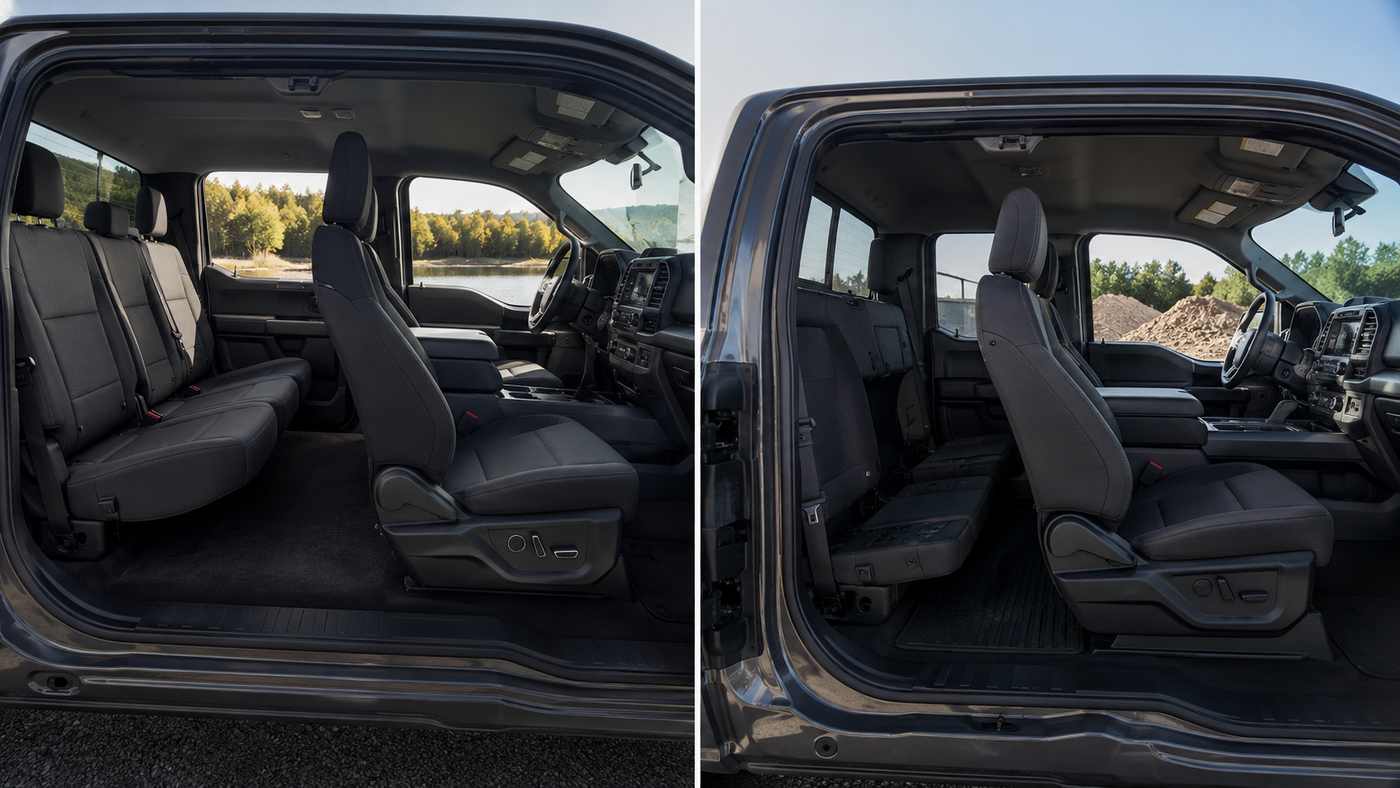 Ford F-150 STX SuperCrew and SuperCab interiors compared to show rear seat space and passenger comfort.