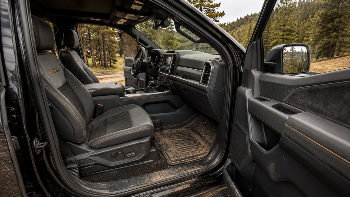 Ford F-150 Tremor interior with muddy floor mats and seats, showing how trail use brings dirt into the truck cabin.
