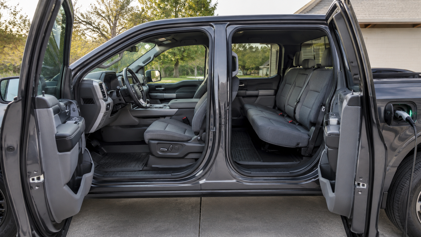 Ford F-150 Lightning XLT interior with front and rear cloth seats, showing high-wear areas that benefit from early protection.