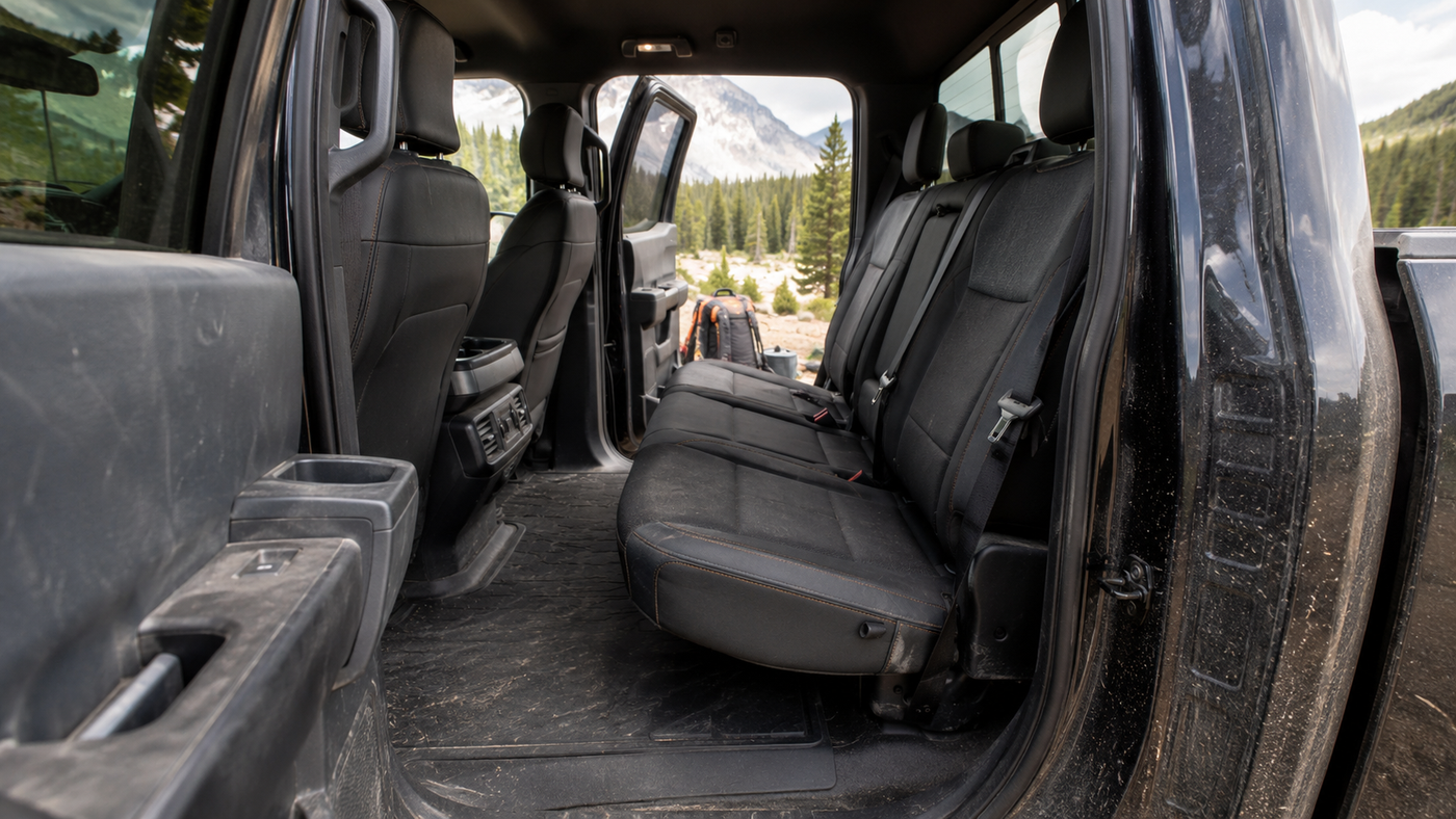 Dust-covered rear cabin of a Ford F-150 Tremor SuperCrew showing how heavy trail use impacts interior cleanliness and wear.