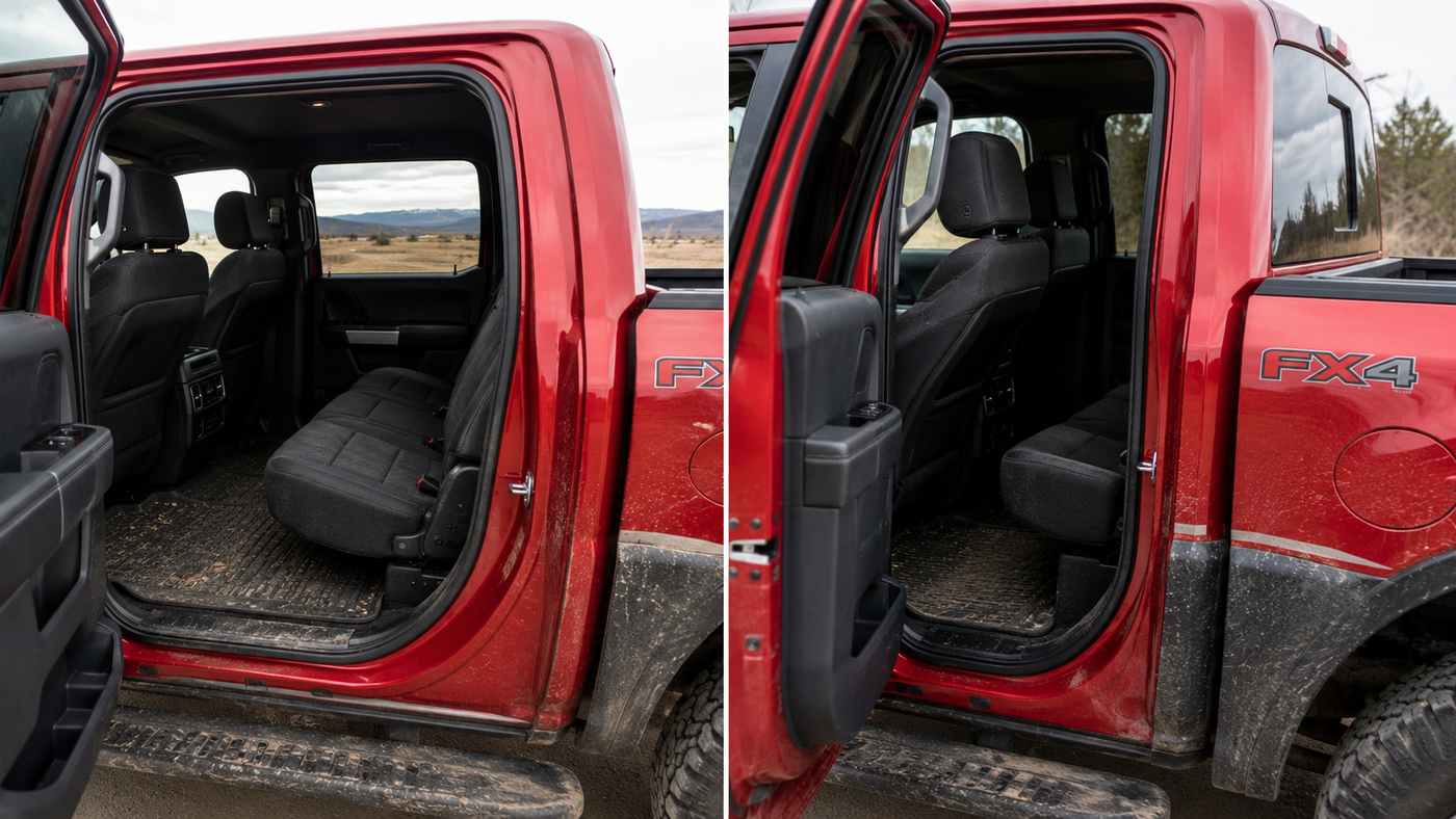 Ford F-150 FX4 rear seating comparison highlighting SuperCrew and SuperCab layouts and rear area dirt exposure rates.
