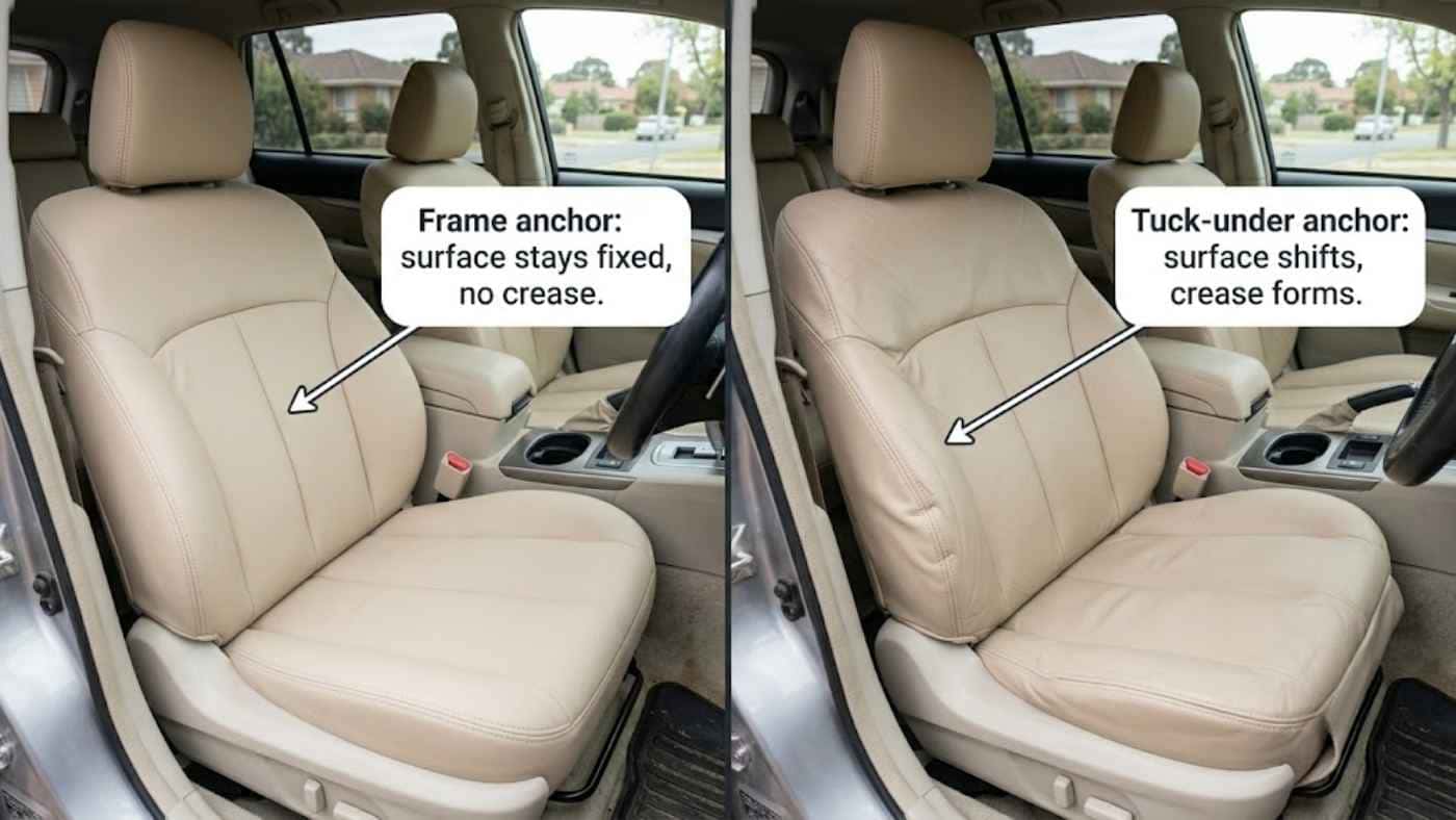 Comparison of frame and tuck-under anchors on anti-crease seat covers showing fixed fit versus crease formation.