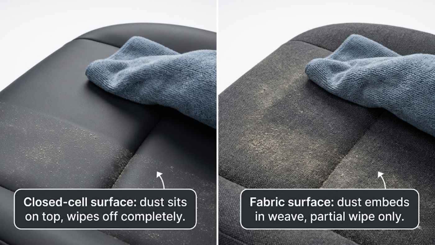 Side-by-side seat cover surfaces showing closed-cell dust wiping clean while fabric traps allergens in the weave.