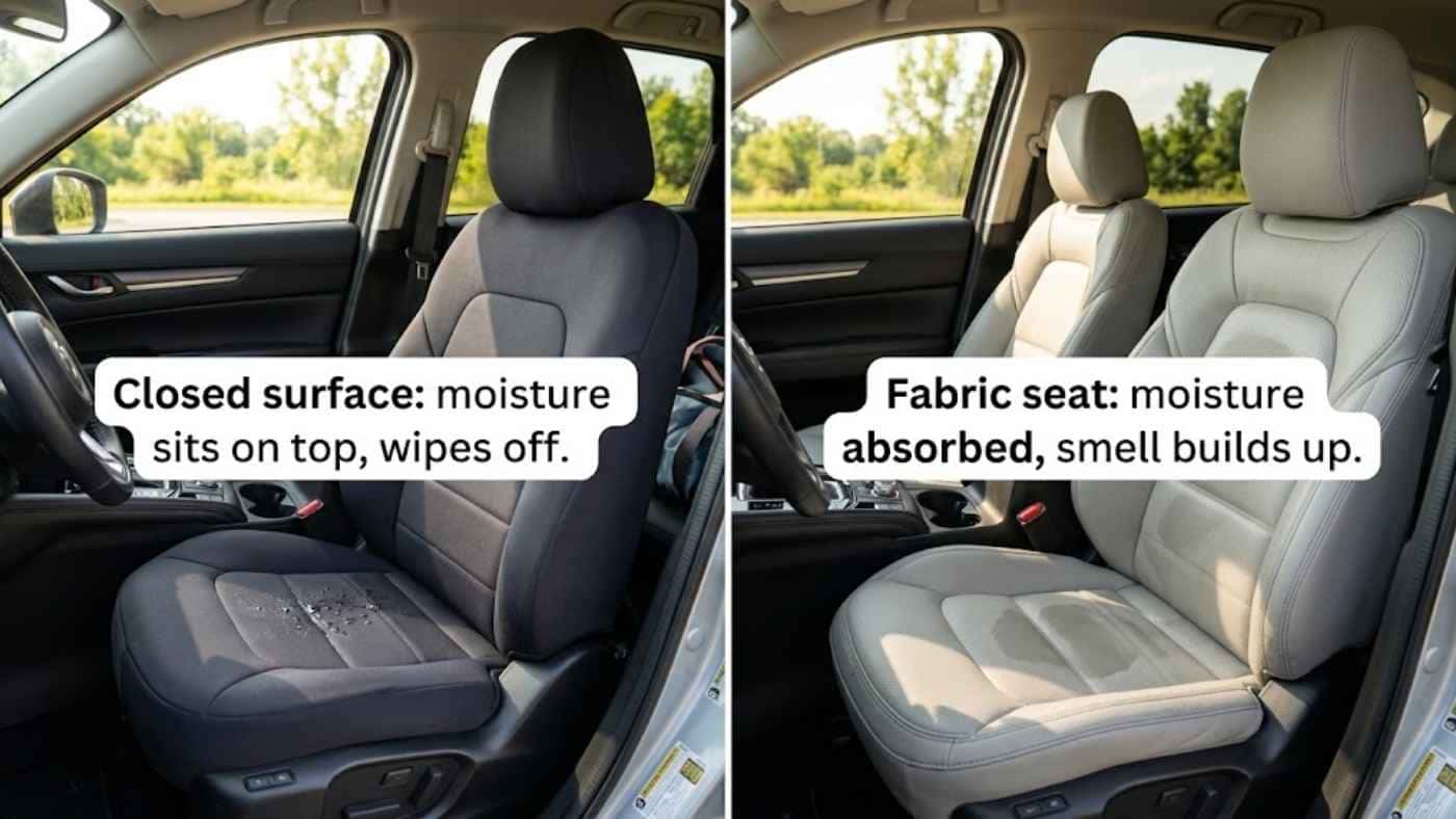 Anti-sweat seat cover versus fabric seat comparison highlighting moisture resistance, easy cleaning and odour prevention.