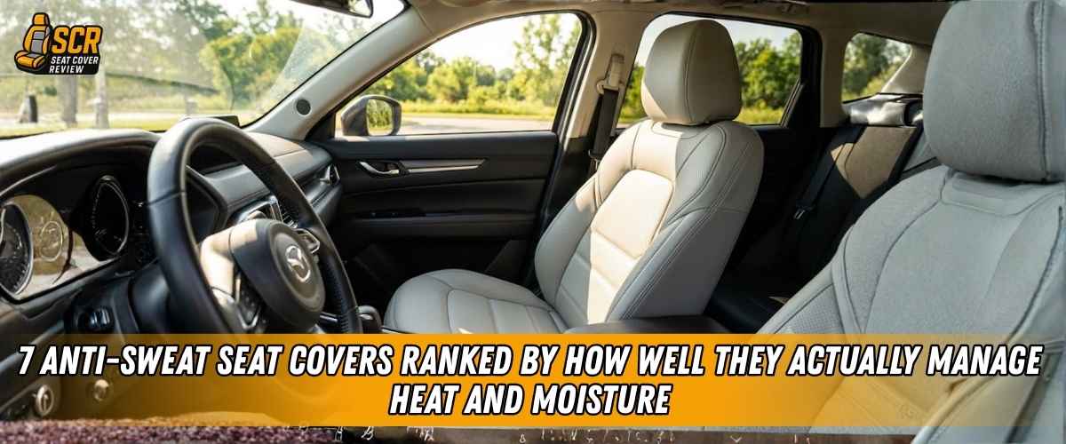 Perforated eco-leather anti-sweat seat covers installed in a car, ranked for airflow, heat reduction and moisture control.