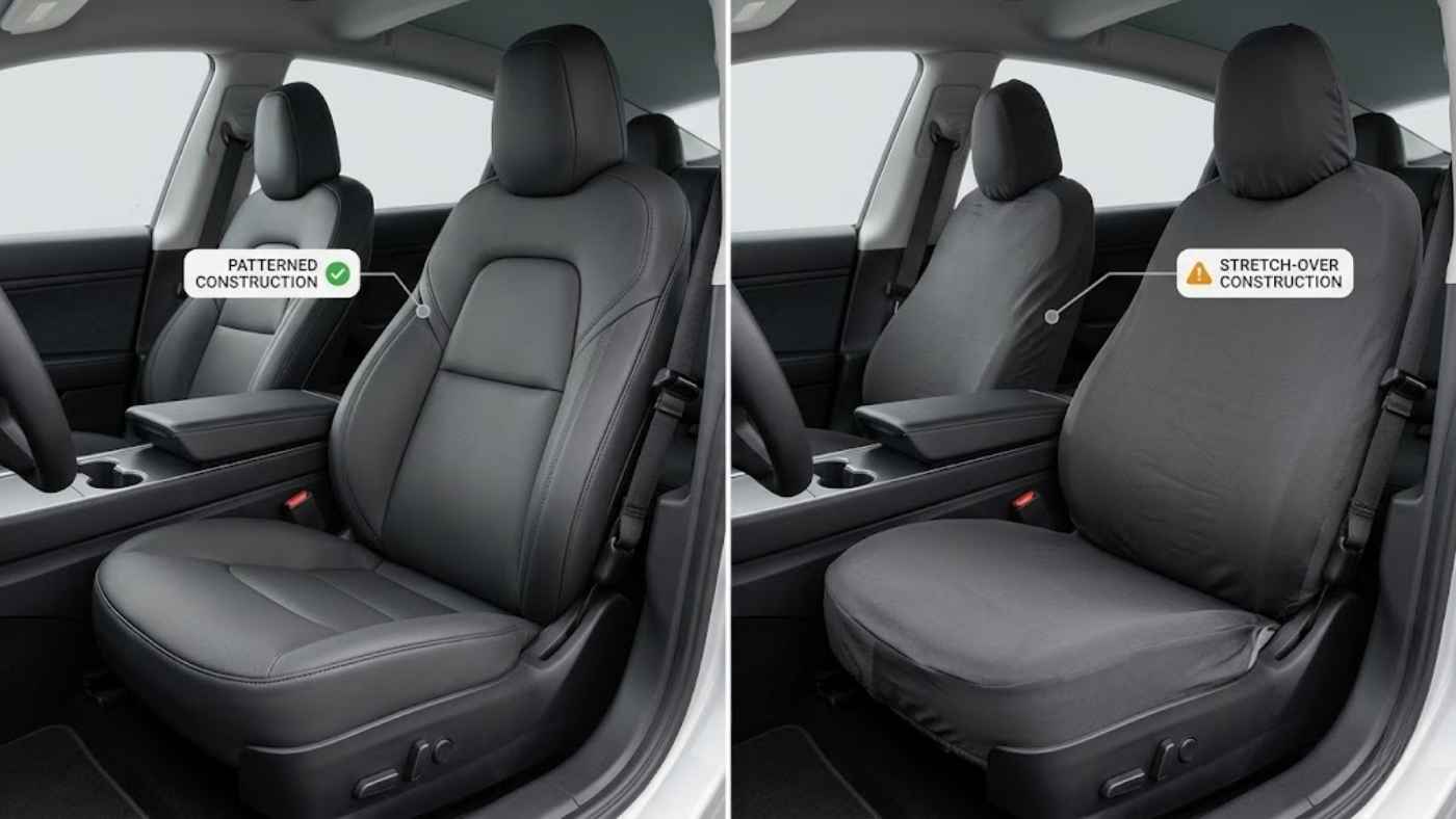 Patterned bucket seat cover with clip anchors compared to stretch over design showing superior contour fit on bucket seats.