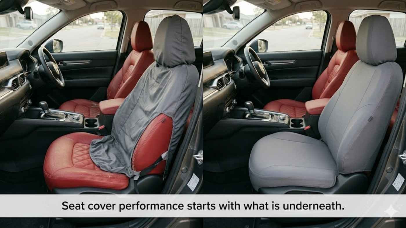 Comparison of loose and fitted bucket seat covers showing why seat condition affects contour fit and long term performance.