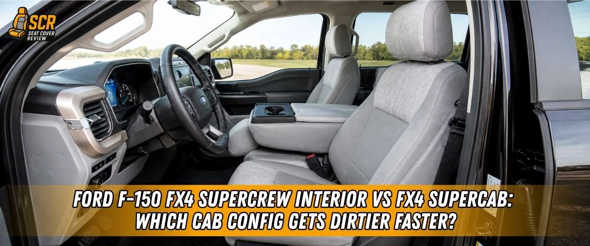 Ford F-150 FX4 front cabin view highlighting SuperCrew vs SuperCab interior layout comparison and dirt prone seating areas.