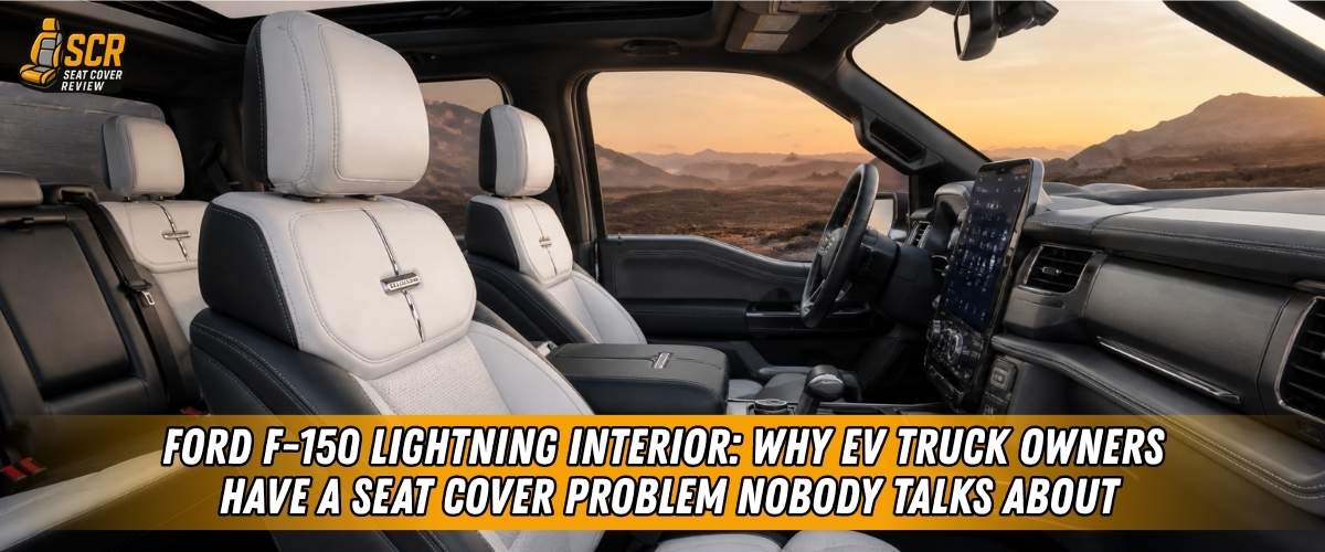 Ford F-150 Lightning interior with custom seat covers showing EV cabin wear protection for daily comfort and charging stops.