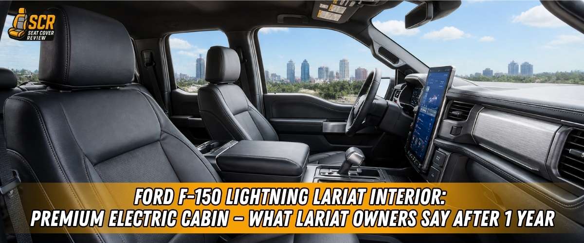 Ford F-150 Lightning Lariat interior after one year, showing premium seats, center console, and modern EV cabin design.