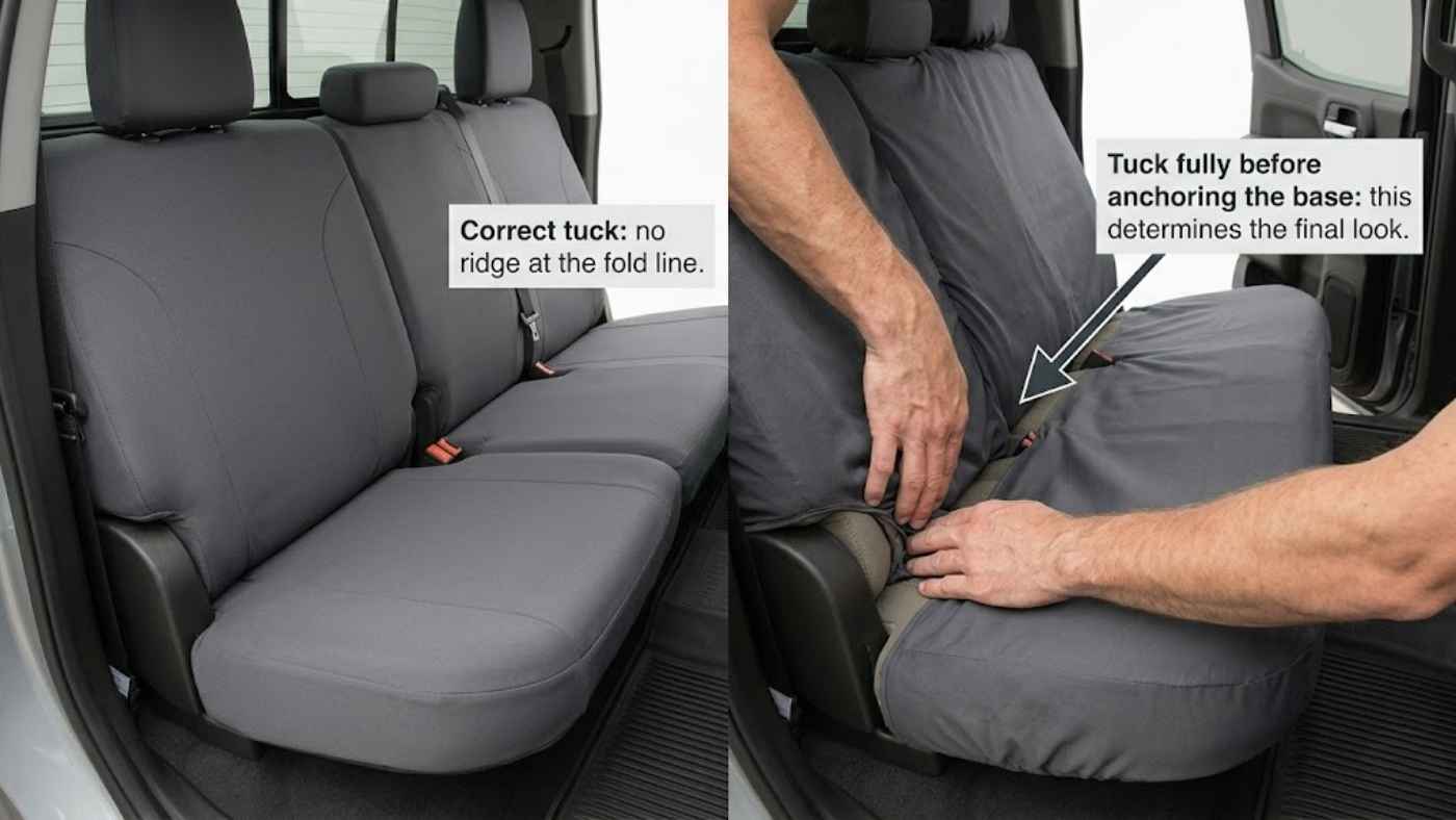 Correct rear seat tuck during full car seat cover installation creates a smooth factory-fitted finish without visible ridges.
