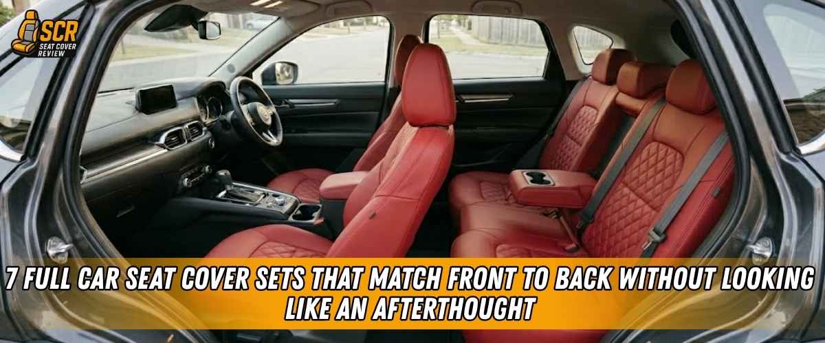 Vehicle interior with matching red full car seat cover sets across front and rear seats for a factory-fitted look.