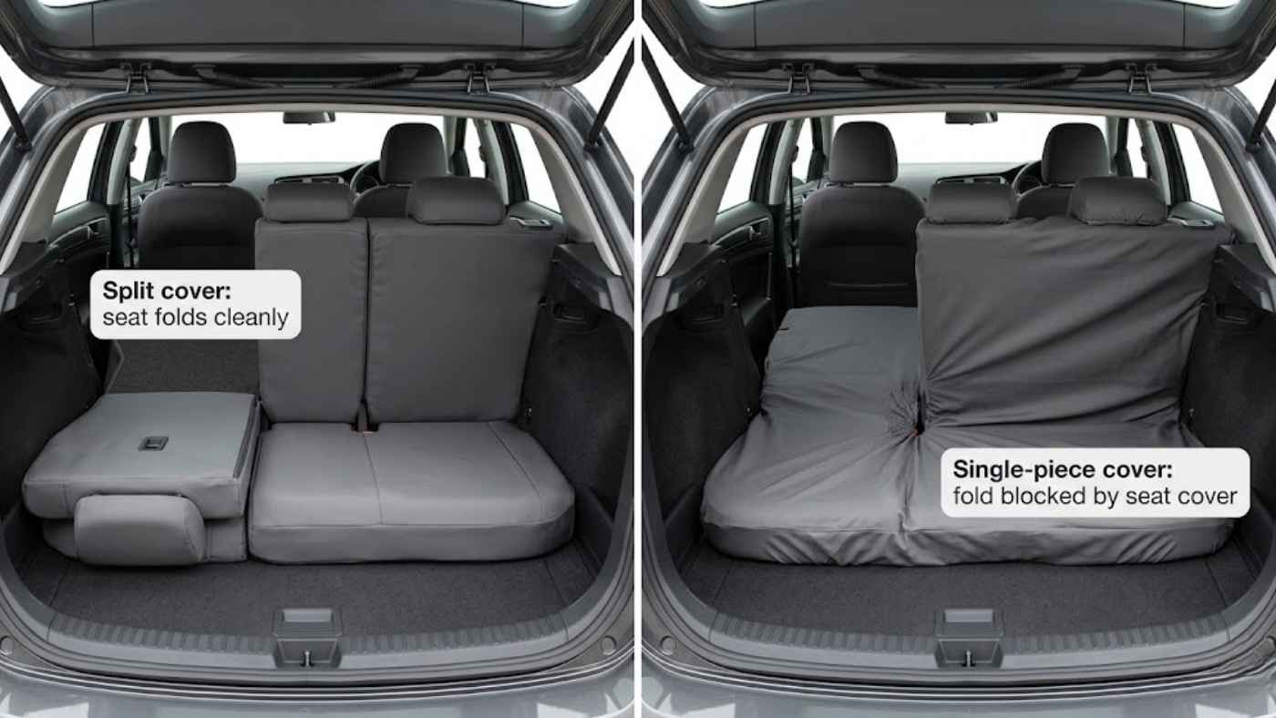 Split hatchback seat cover folding flat beside single-piece cover blocking rear seat fold and cargo space.