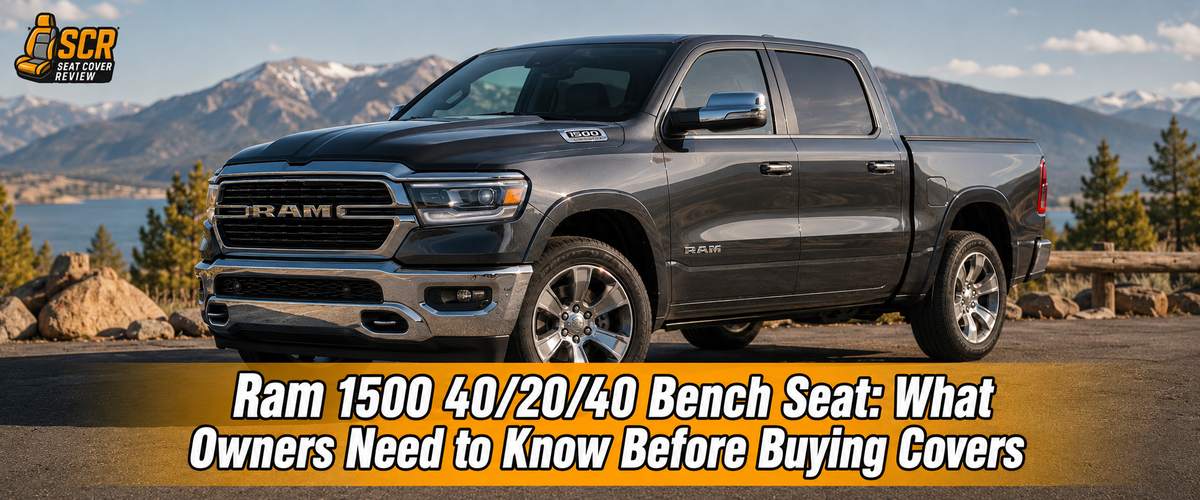 Gray Ram 1500 showing 40/20/40 bench seat guide for custom seat covers and fold-down center console fit configuration.
