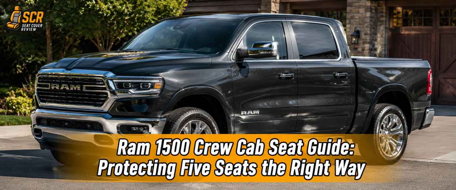 Black Ram 1500 Crew Cab highlighting five-seat protection for front and rear seats used by families, pets, and cargo.