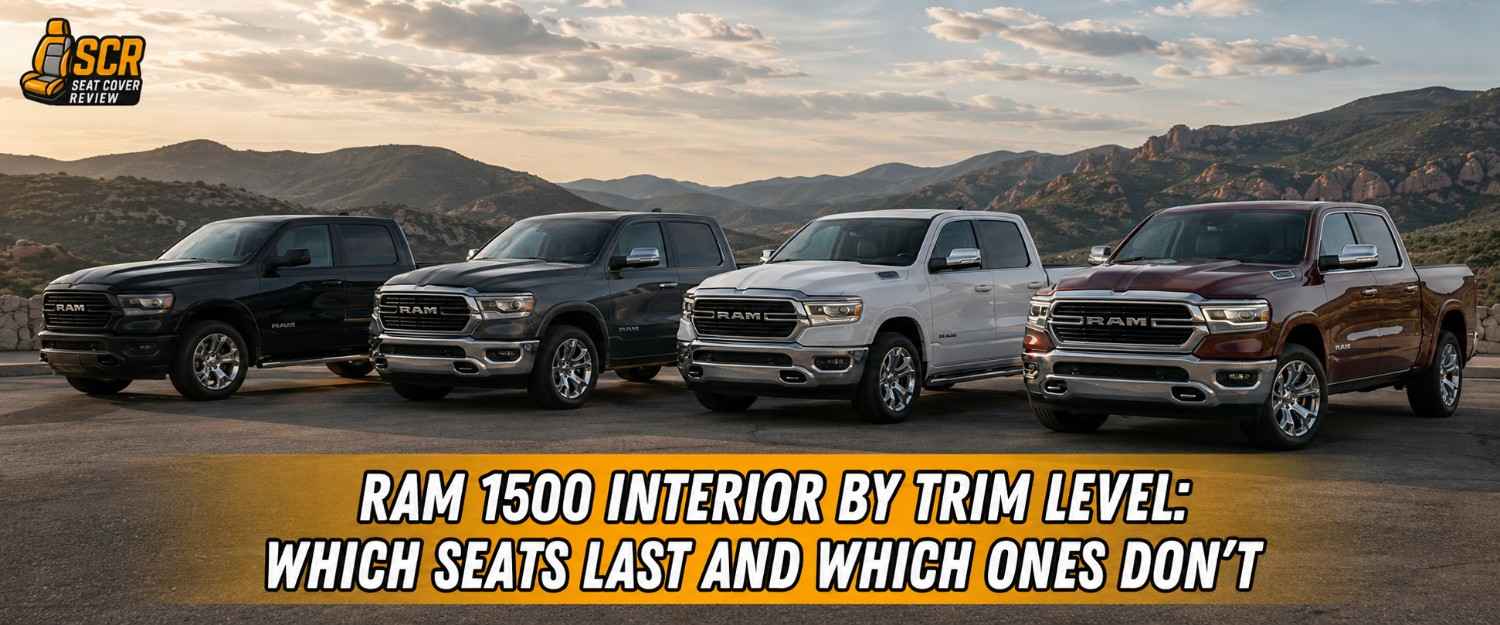 Ram 1500 lineup by trim level highlighting seat durability differences across trims from cloth to full leather interiors.