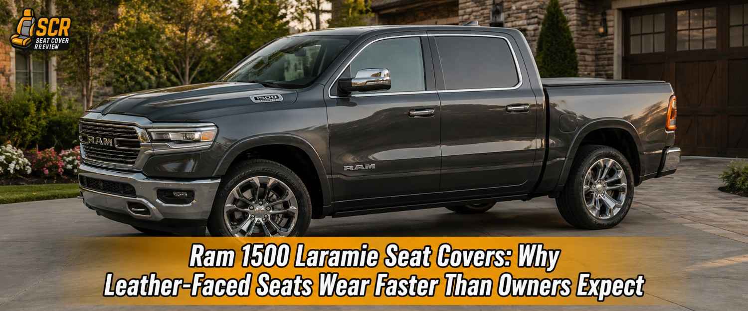 Gray Ram 1500 Laramie truck illustrating leather-faced seats protected by seat covers against early bolster wear.