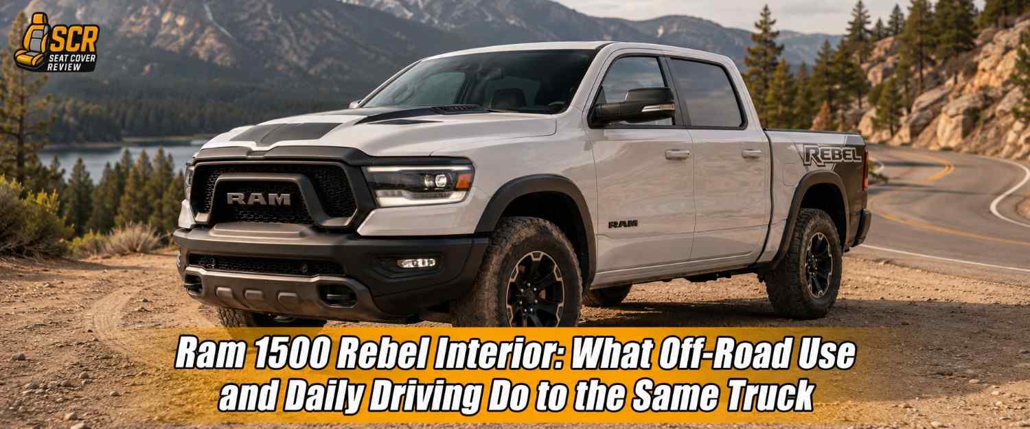 Ram 1500 Rebel parked on a mountain trail representing Ram 1500 Rebel Interior for daily driving and off-road use.